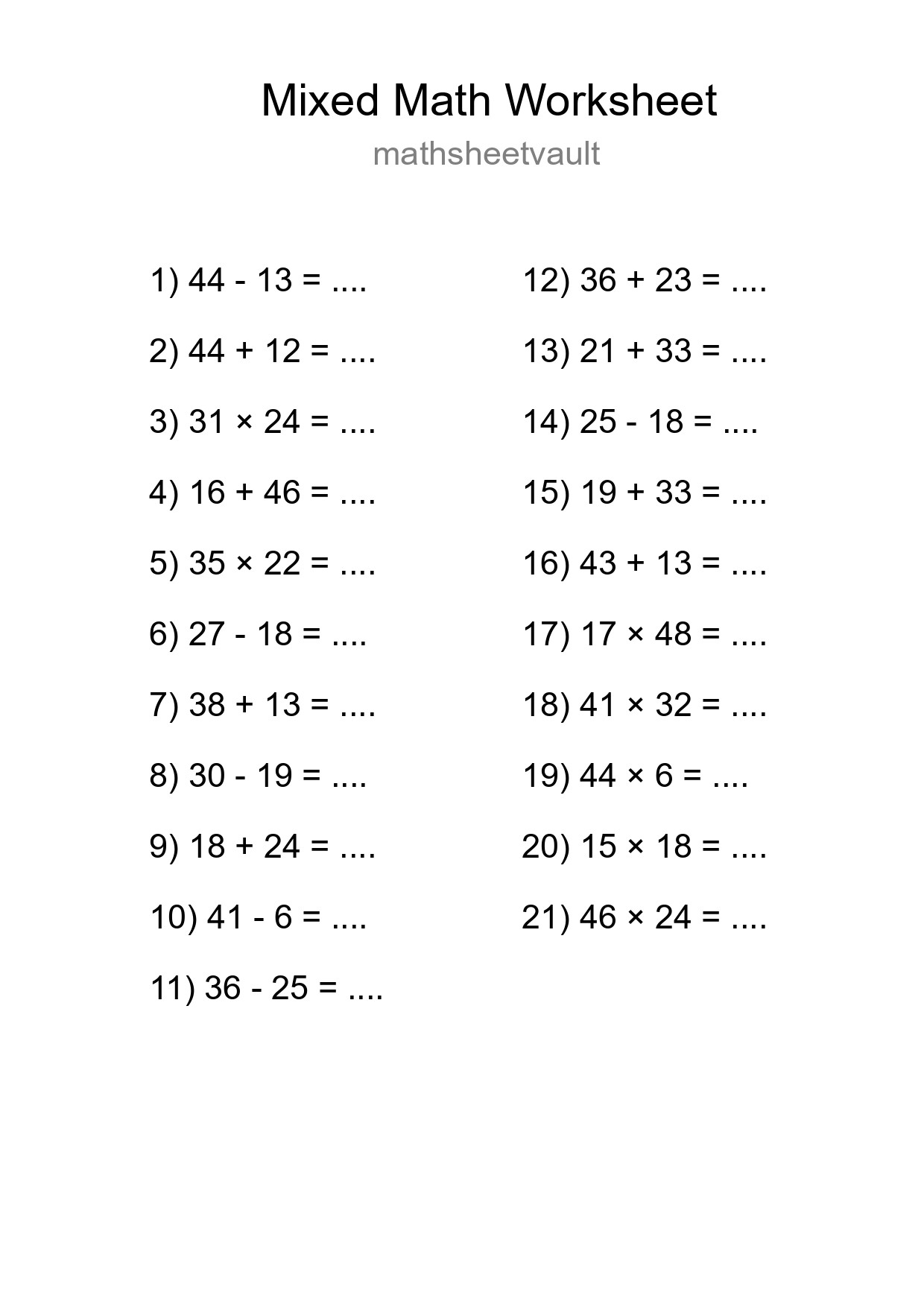 Mixed Operations Math Worksheet
