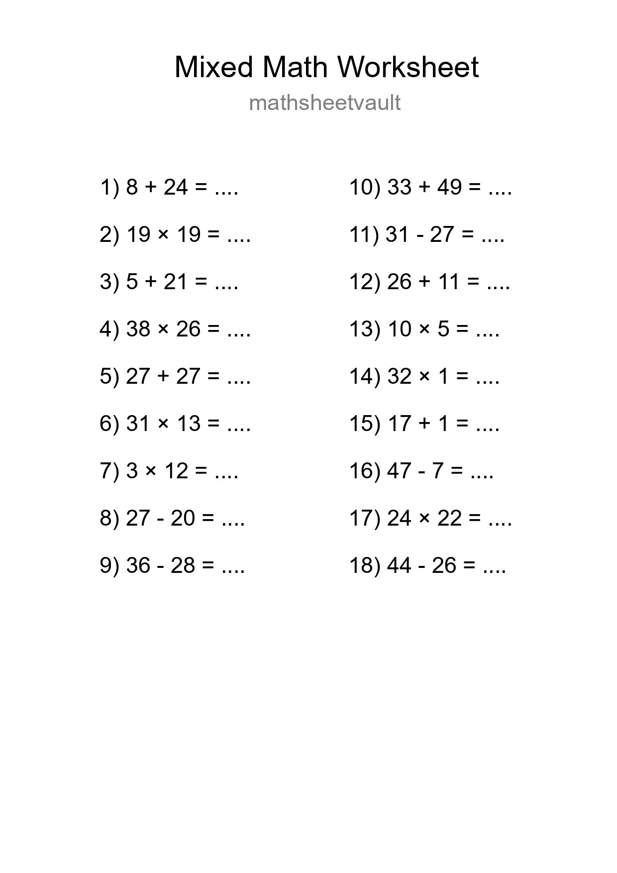 Mixed Operations Math Worksheet