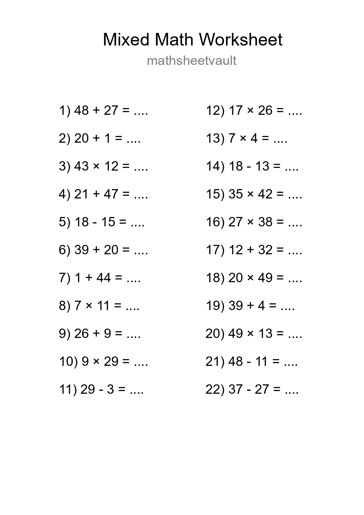 Mixed Operations Math Worksheet