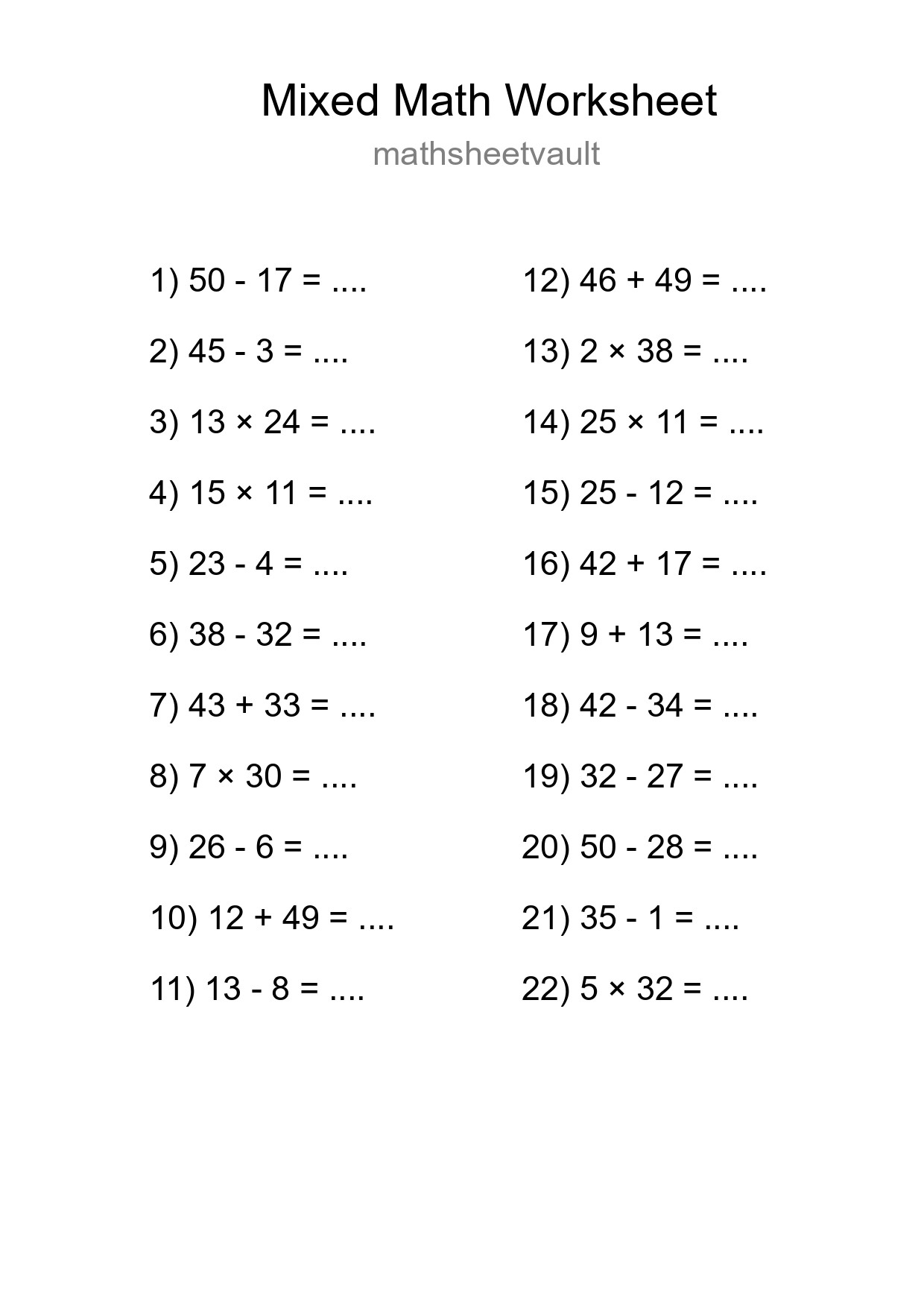 Mixed Operations Math Worksheet