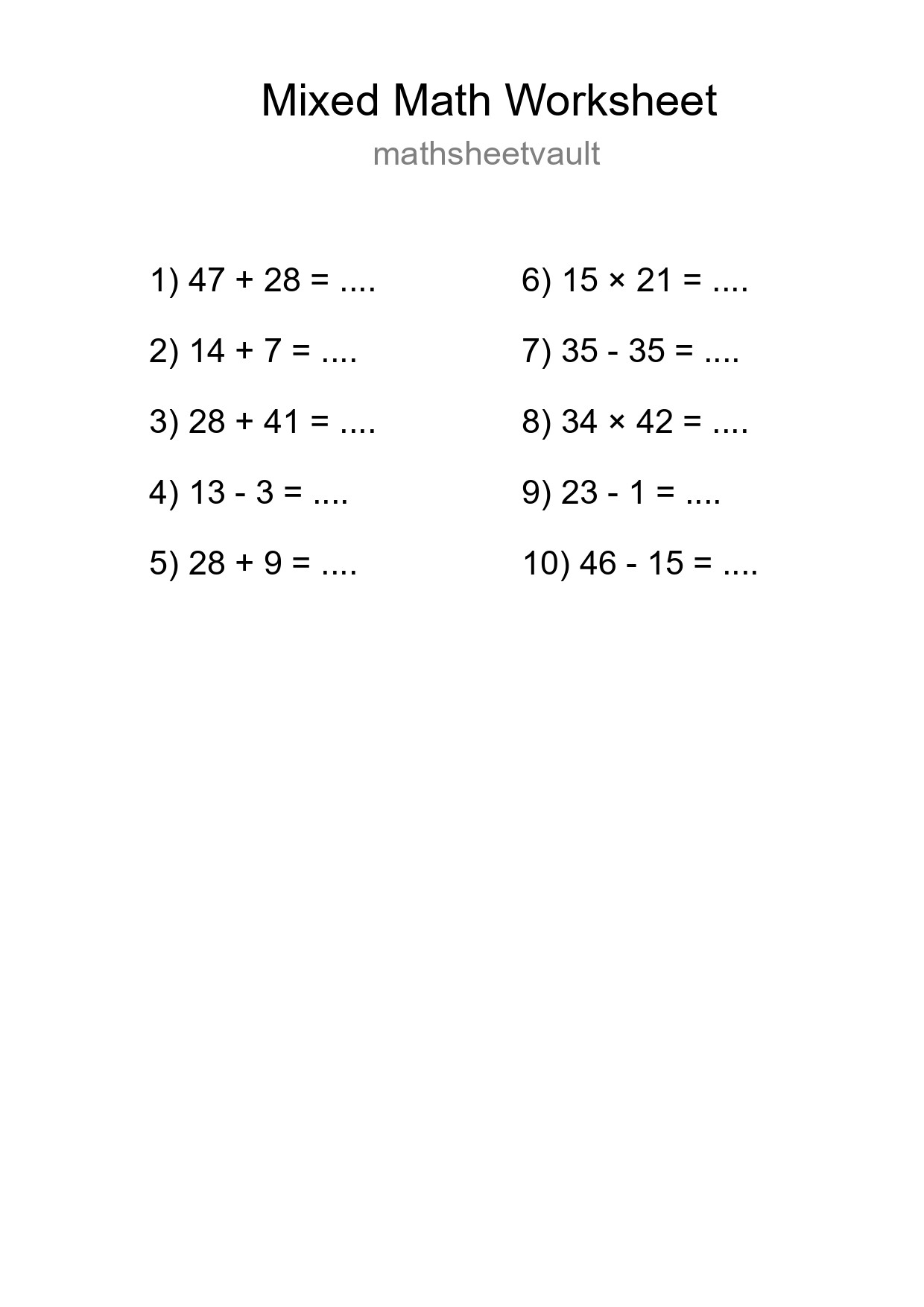 Mixed Operations Math Worksheet