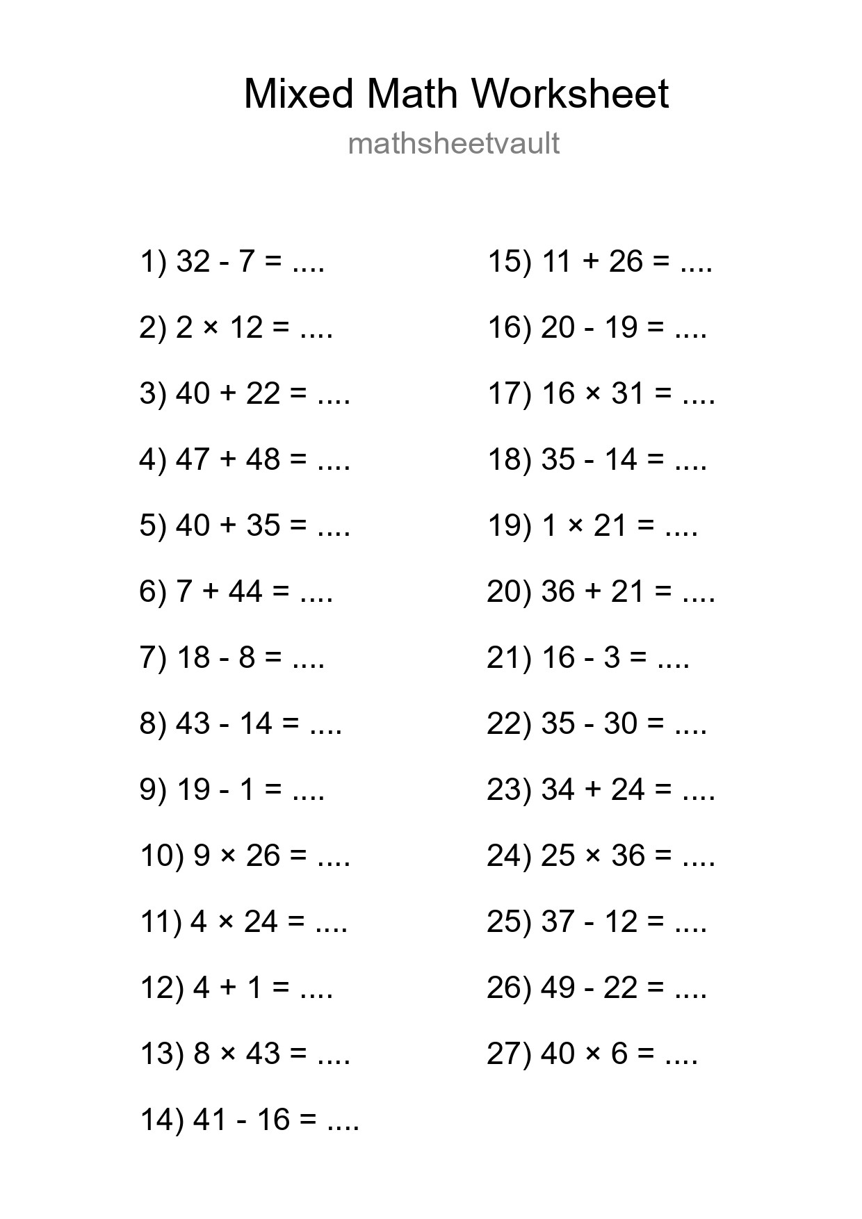 Mixed Operations Math Worksheet