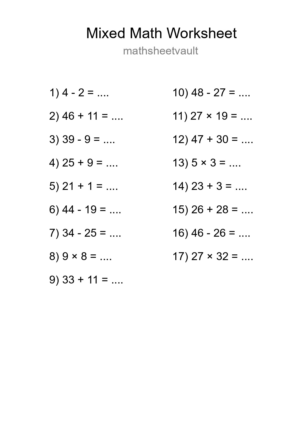 Printable Mixed Operations Worksheet for Grade 3