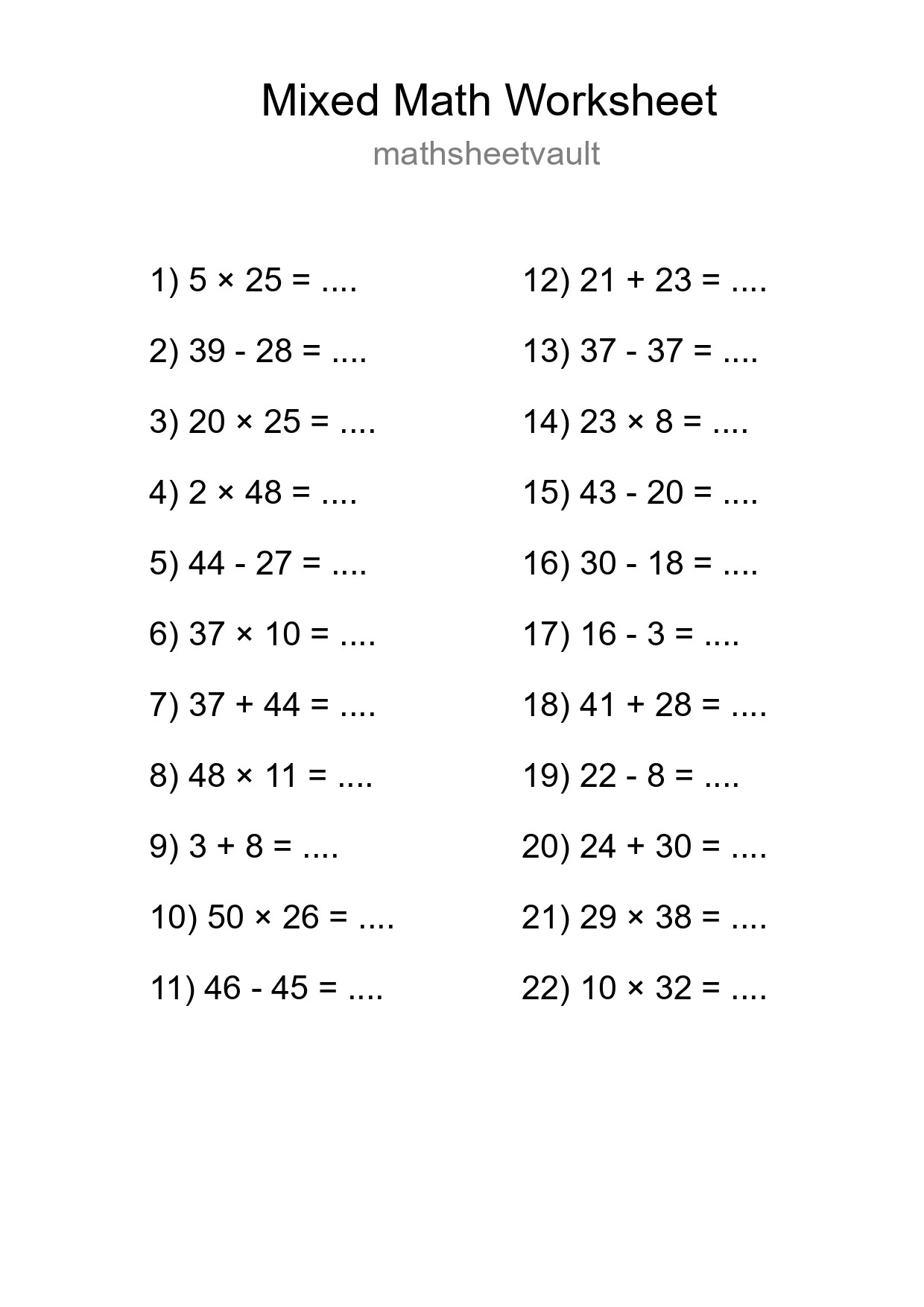 Mixed Operations Math Worksheet
