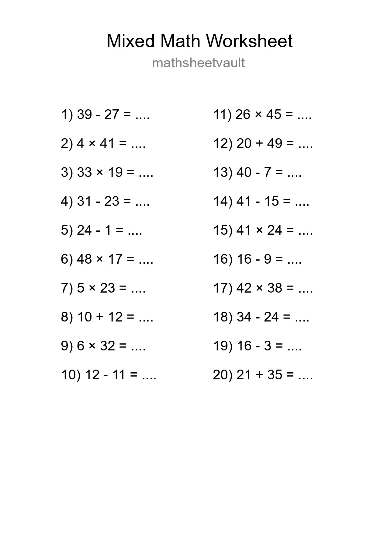Mixed Operations Math Worksheet