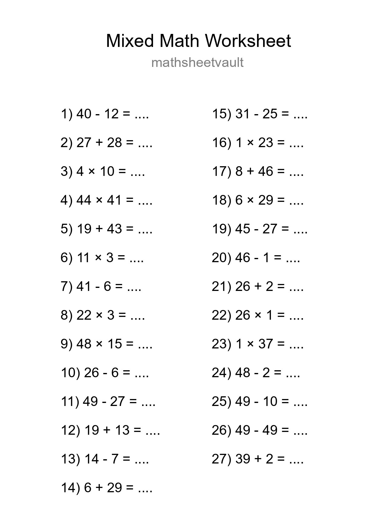 Mixed Operations Math Worksheet