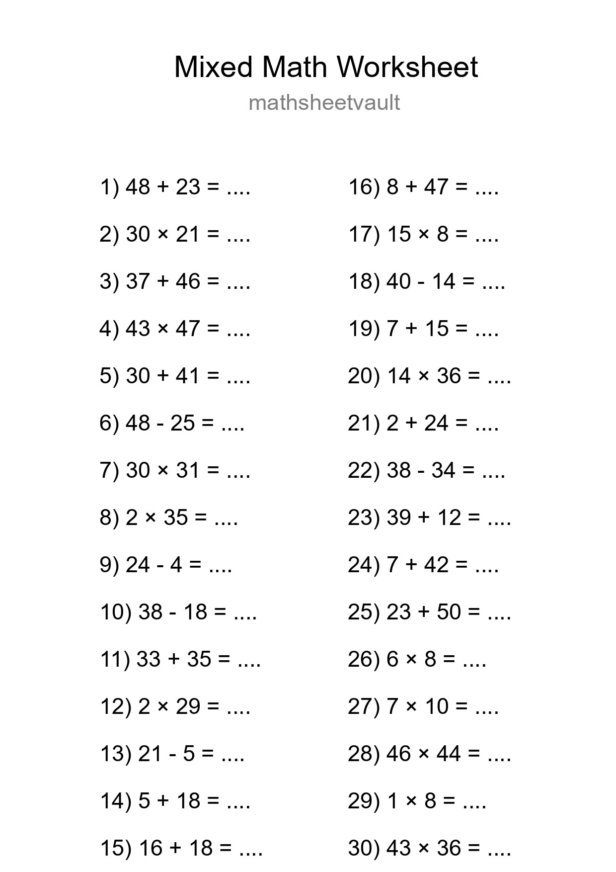 Mixed Operations Math Worksheet