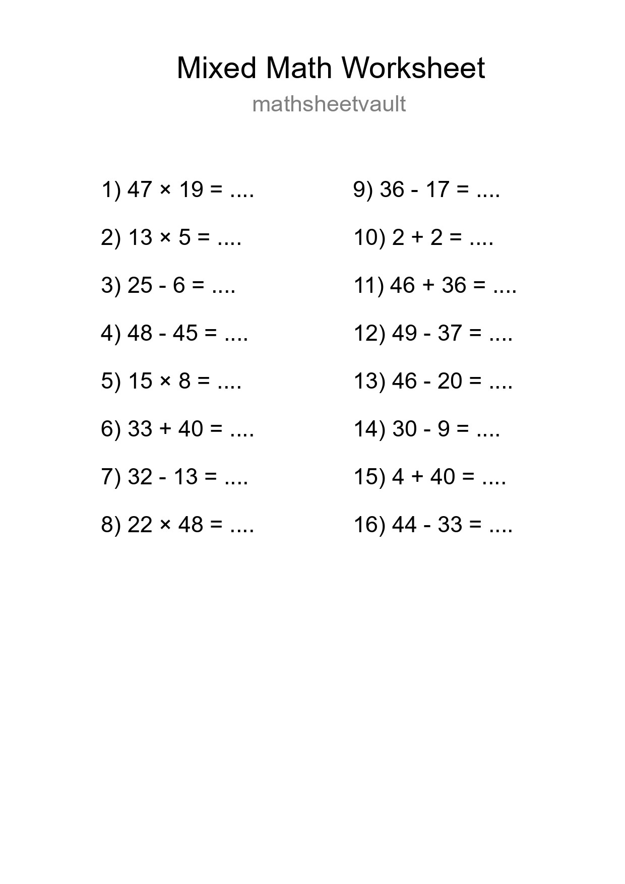 Mixed Operations Math Worksheet