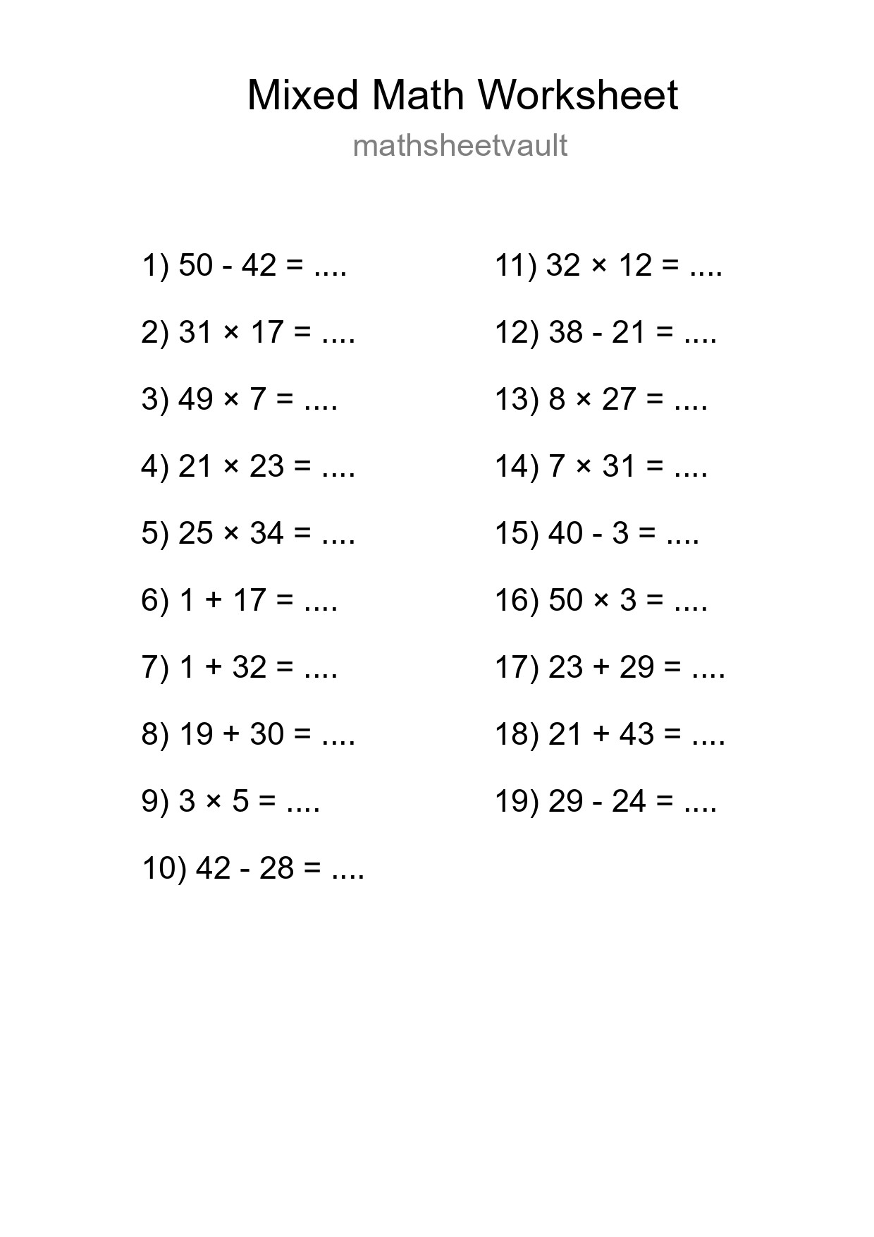 Mixed Operations Math Worksheet