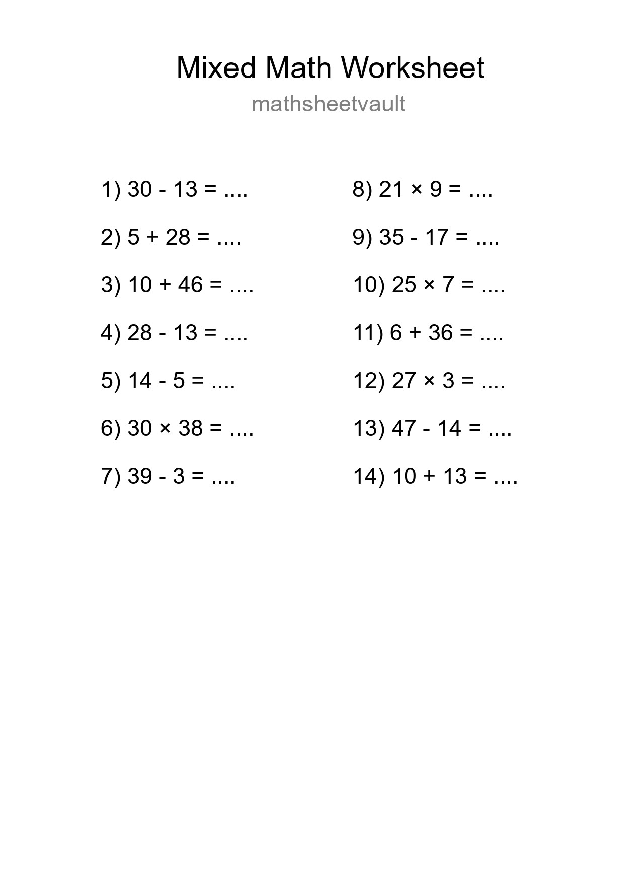 Mixed Operations Math Worksheet