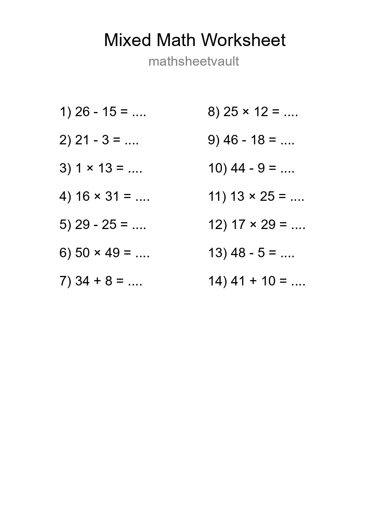 Mixed Operations Math Worksheet