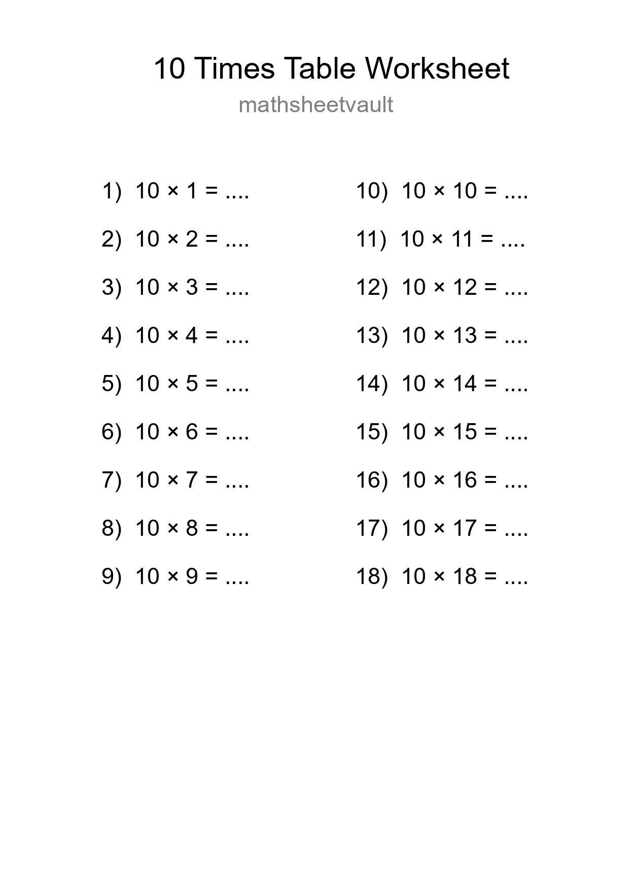 Printable 10 Times Table Worksheet For Grade 3 - Part 163