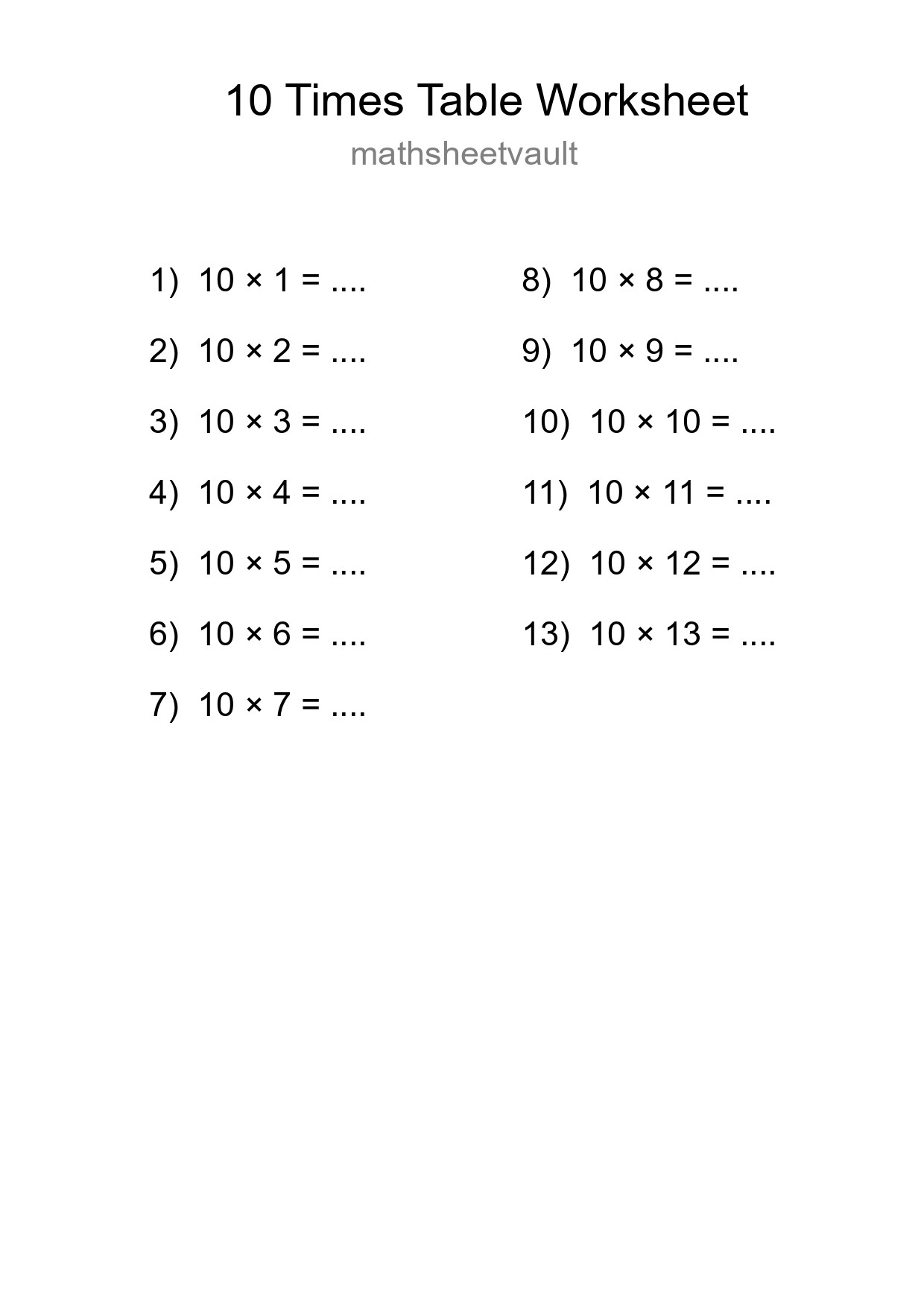 Printable 10 Times Table Worksheet For Grade 3 - Part 53