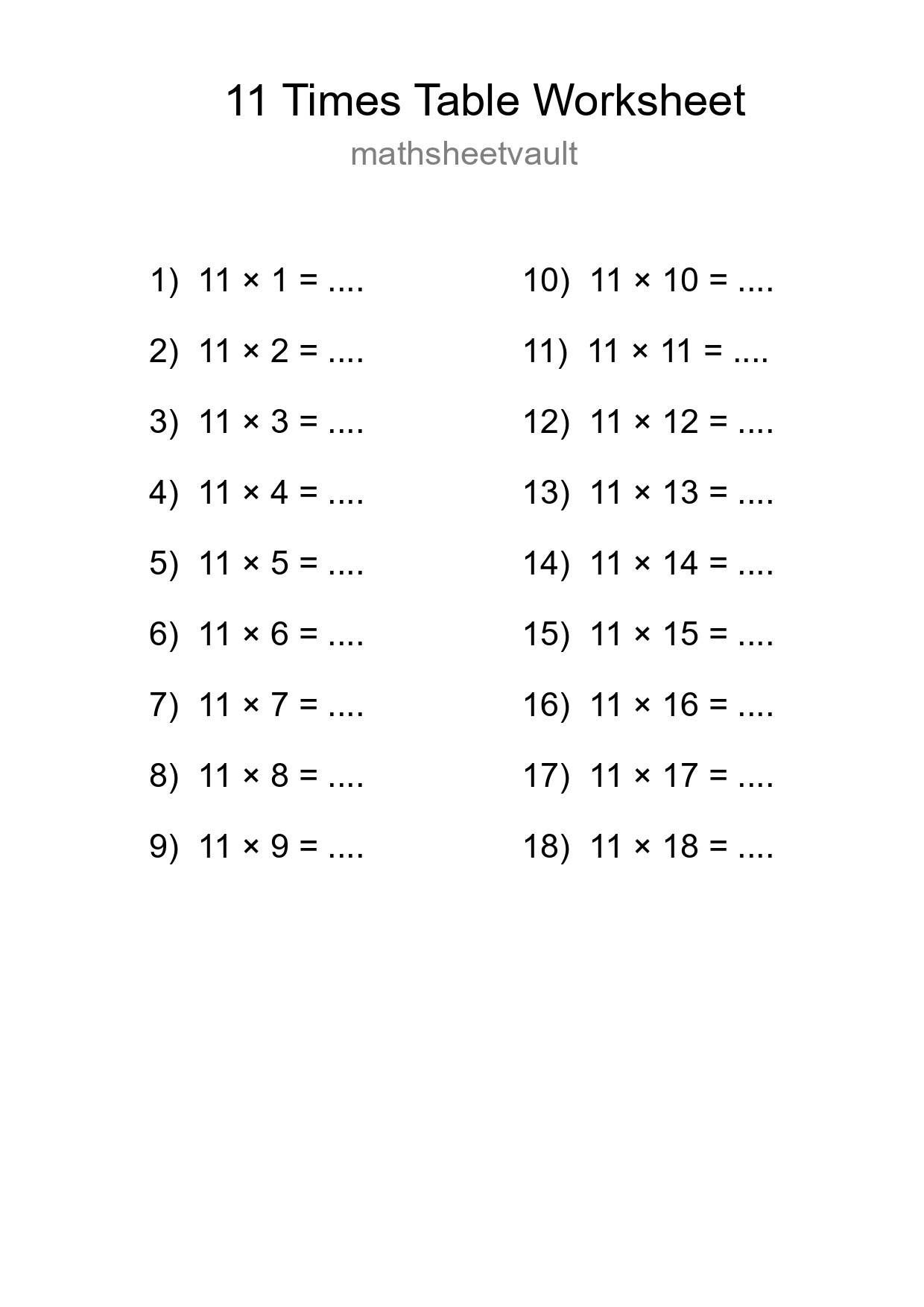 Printable 11 Times Table Worksheet For Grade 4 - Part 20
