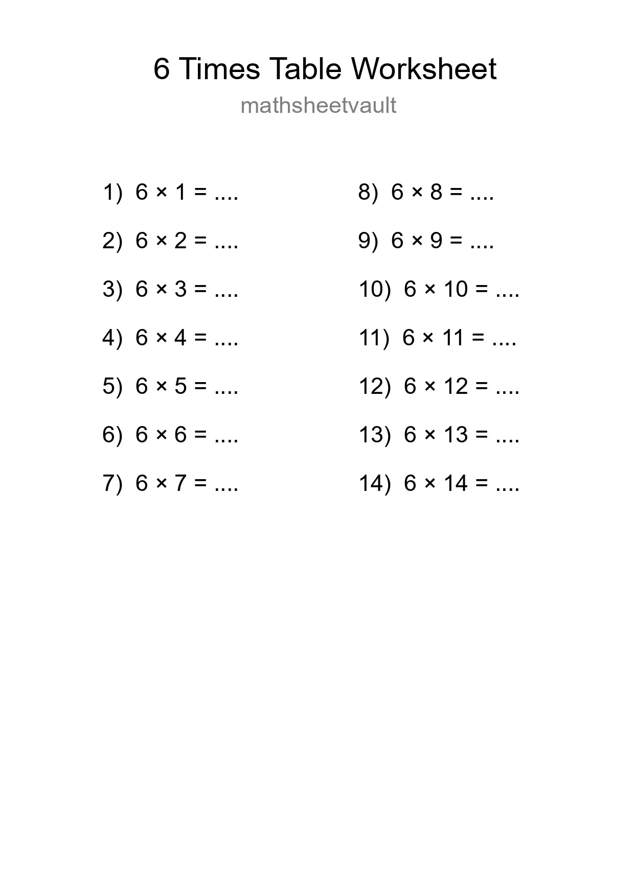 Printable 6 Times Table Worksheet For Grade 3 - Part 273