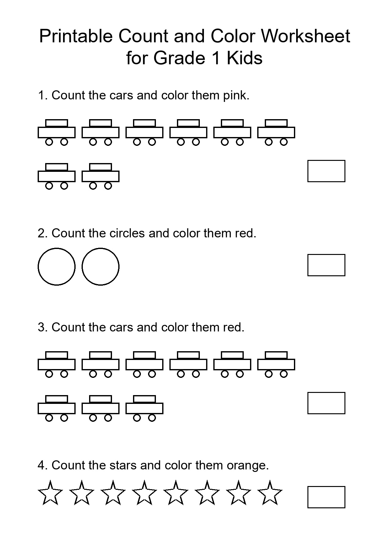 Printable Count and Color Worksheet for Grade 1 Kids