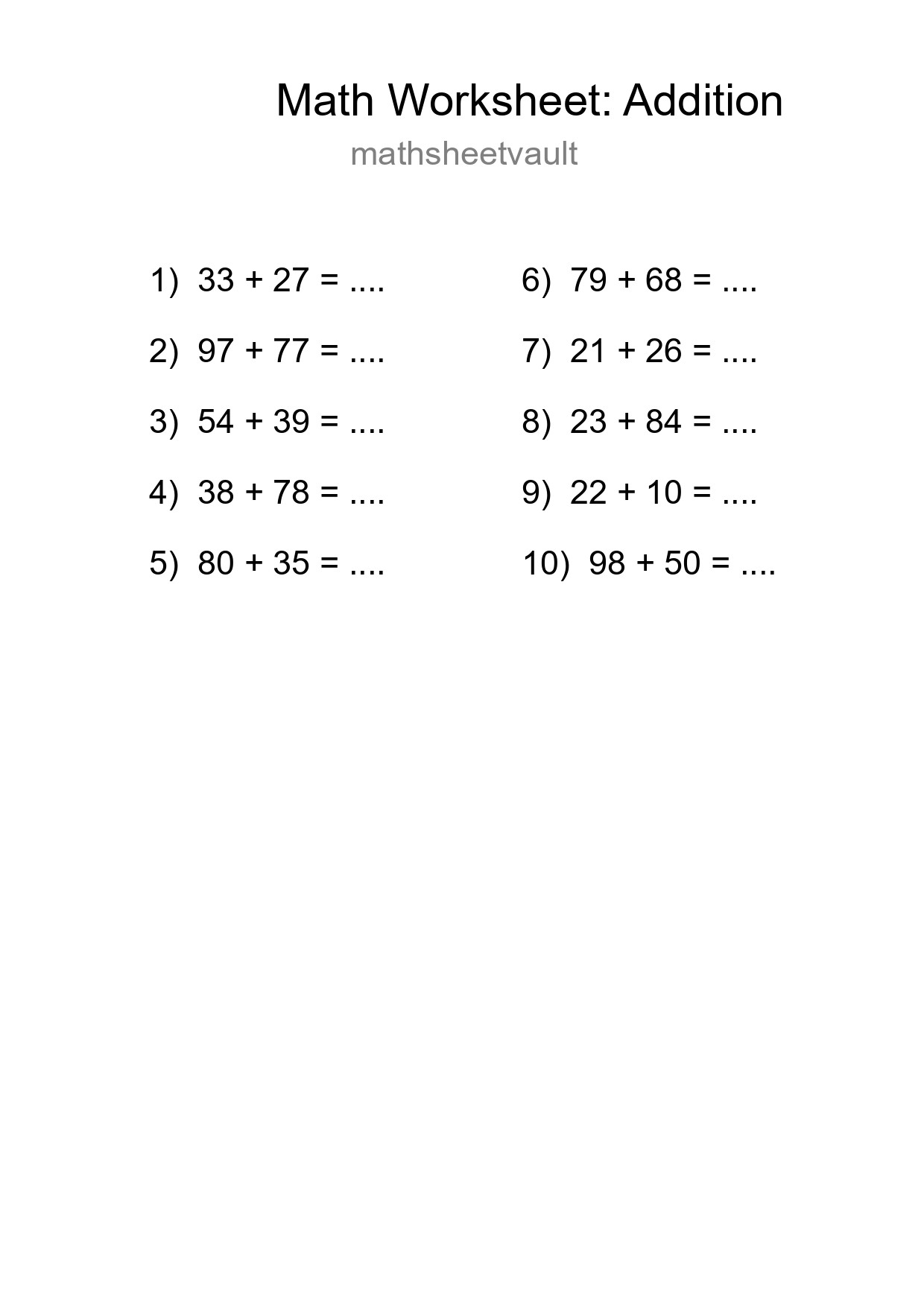 Printable Free 10 Addition Math Worksheet For Grade 3 - Part 45