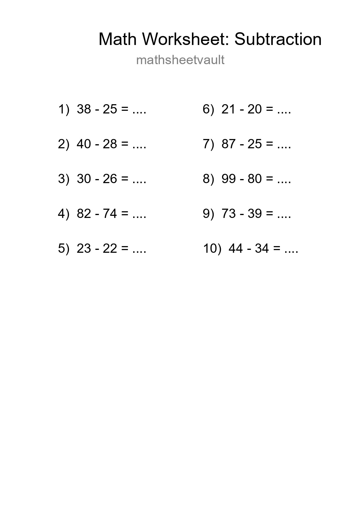 Printable Free 10 Subtraction Math Worksheet For Grade 3 - Part 52