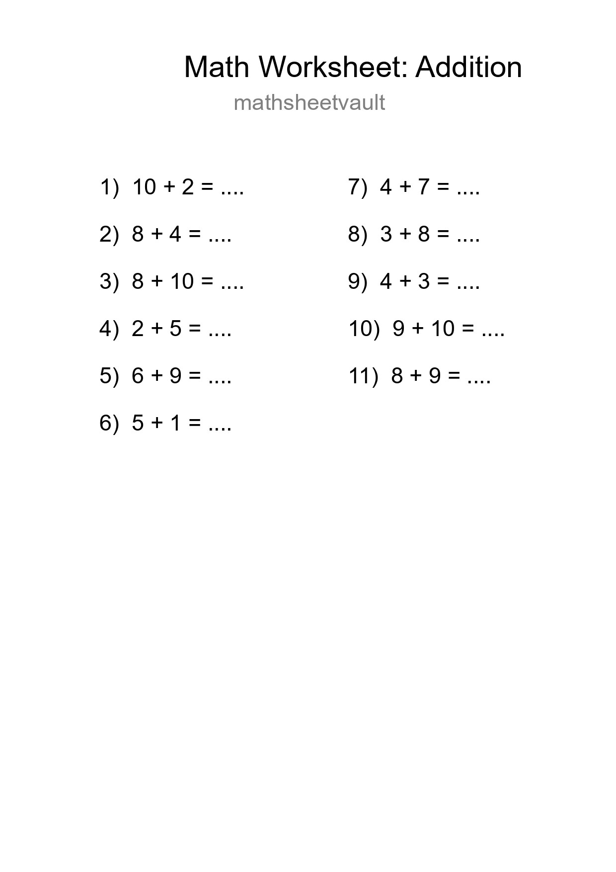 Printable Free 11 Addition Math Worksheet For Grade 1 - Part 243