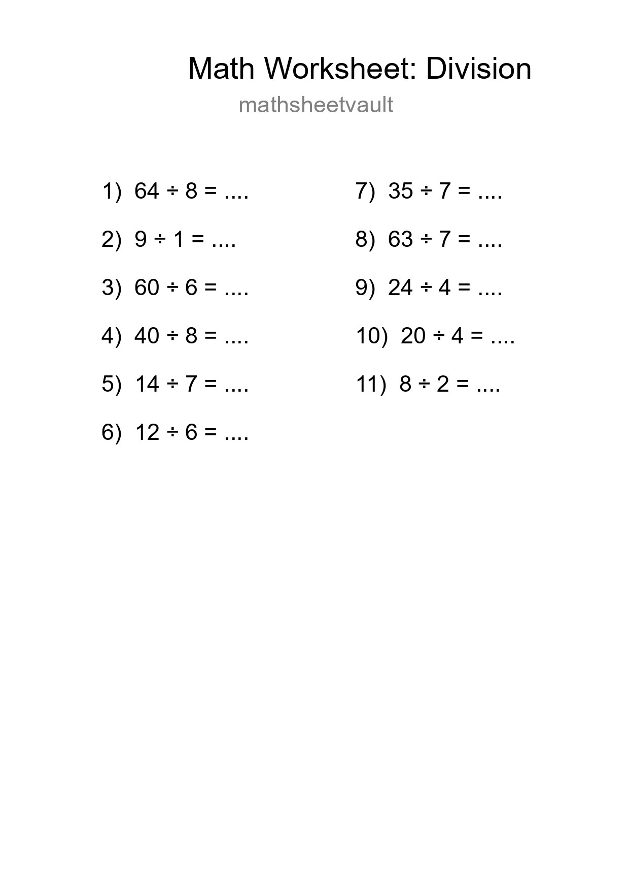 Printable Free 11 Division Math Worksheet For Grade 1 - Part 114