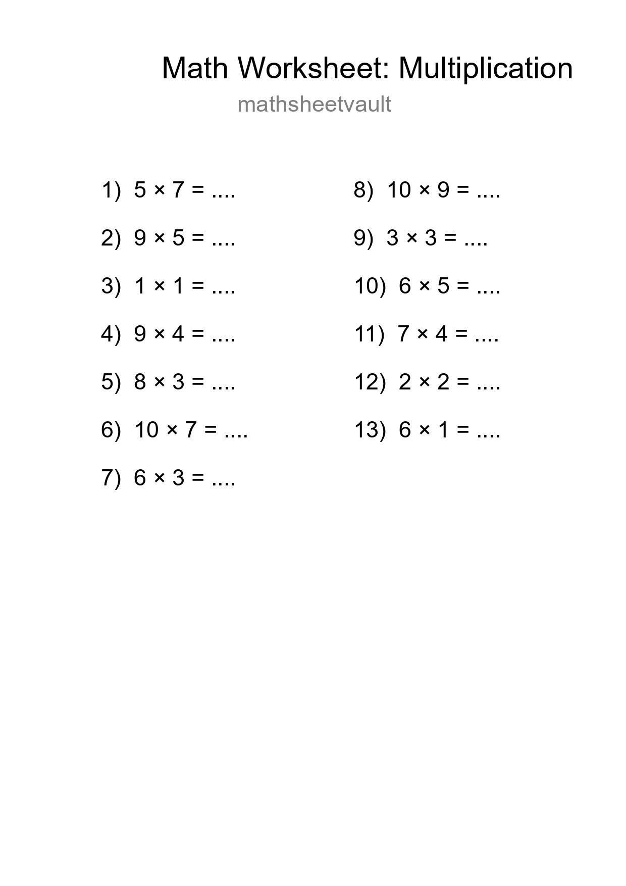 Printable Free 13 Multiplication Math Worksheet For Grade 1 - Part 260