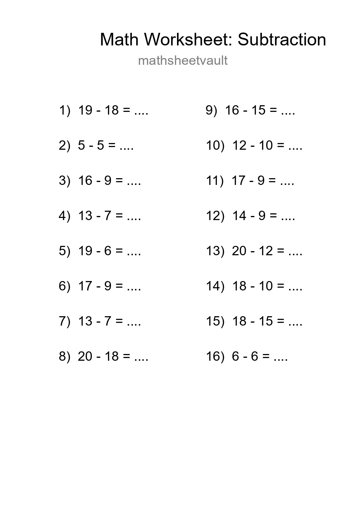 Printable Free 16 Subtraction Math Worksheet For Grade 2 - Part 283