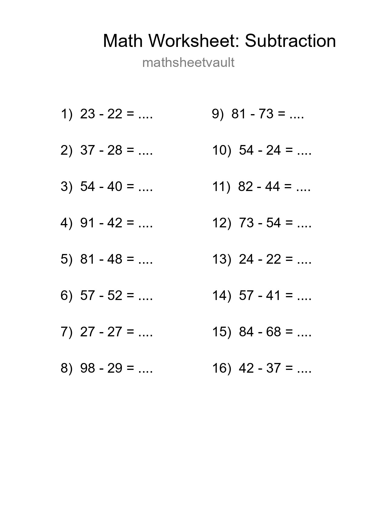 Printable Free 16 Subtraction Math Worksheet For Grade 3 - Part 30
