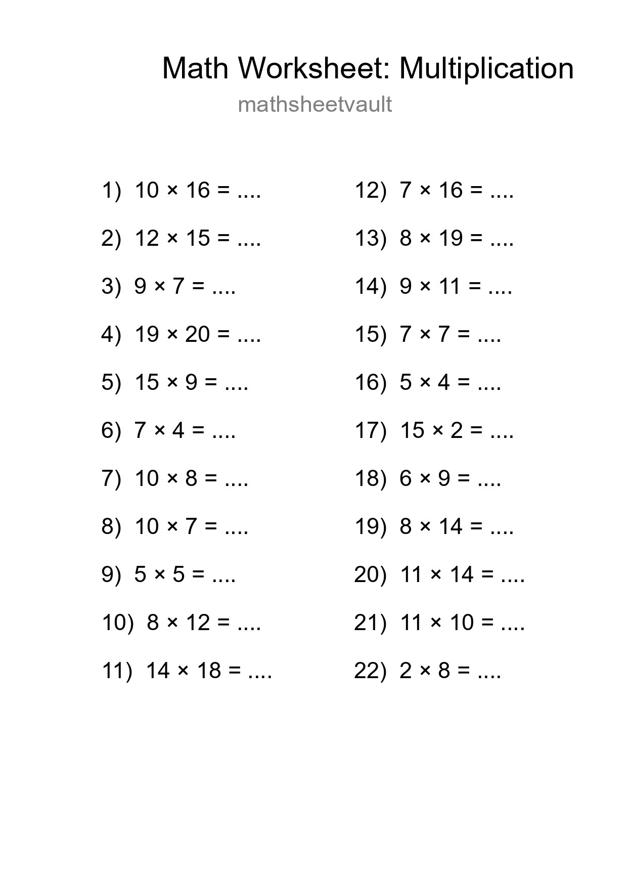 Printable Free 22 Multiplication Math Worksheet For Grade 2 - Part 238