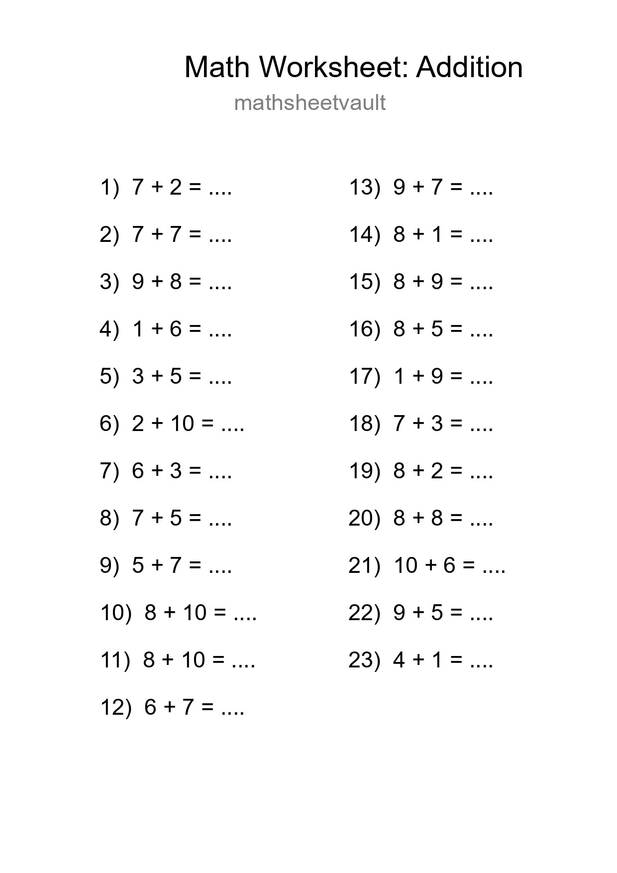 Printable Free 23 Addition Math Worksheet For Grade 1 - Part 133