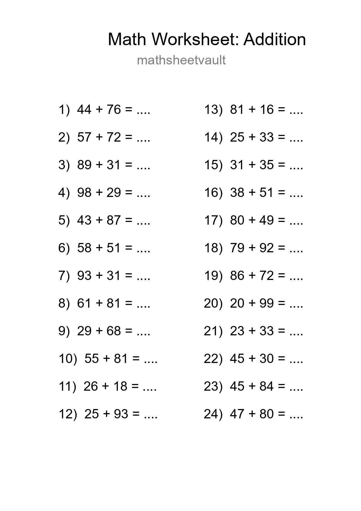 Printable Free 24 Addition Math Worksheet For Grade 3 - Part 199