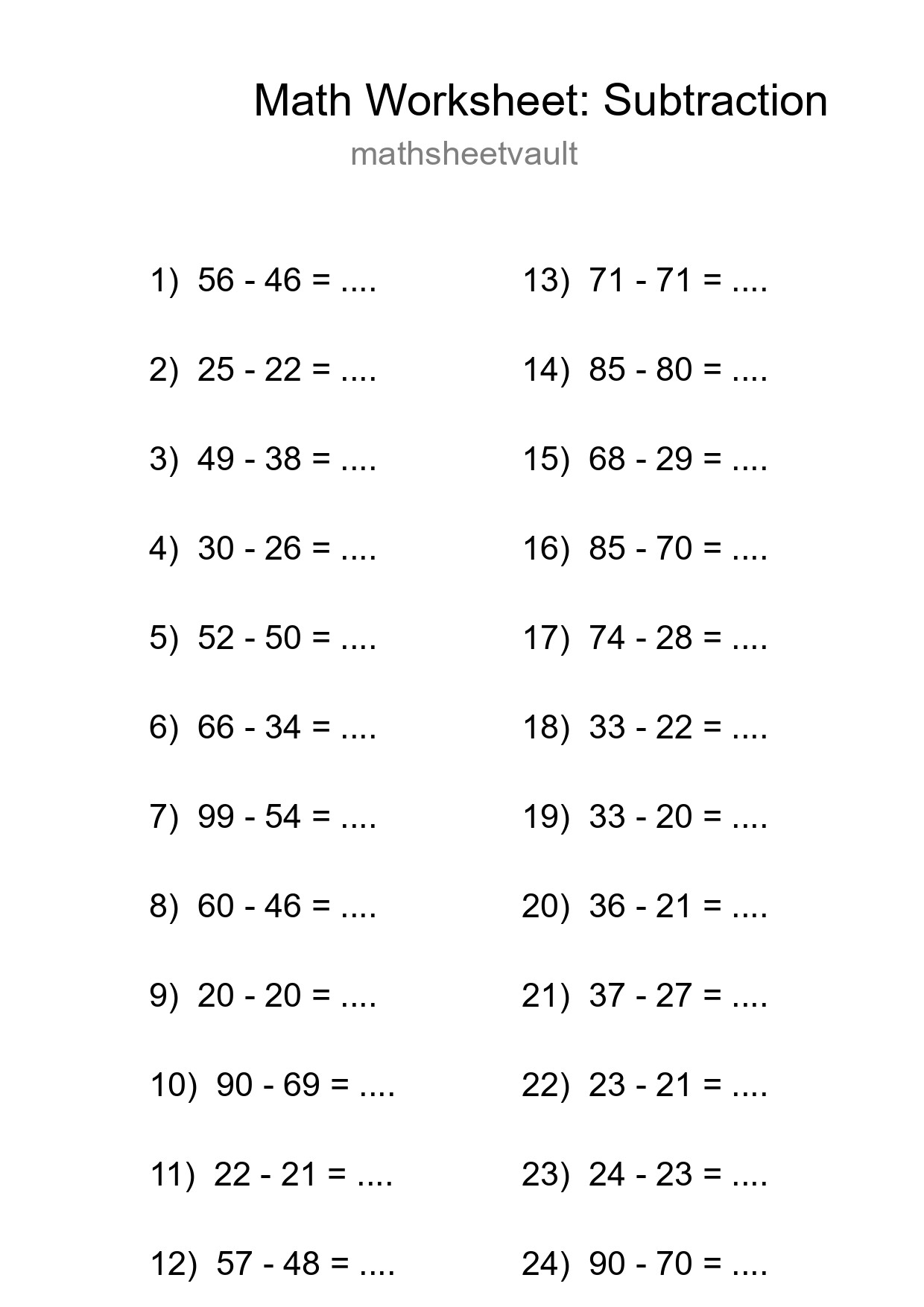 Printable Free 24 Subtraction Math Worksheet For Grade 3 - Part 173