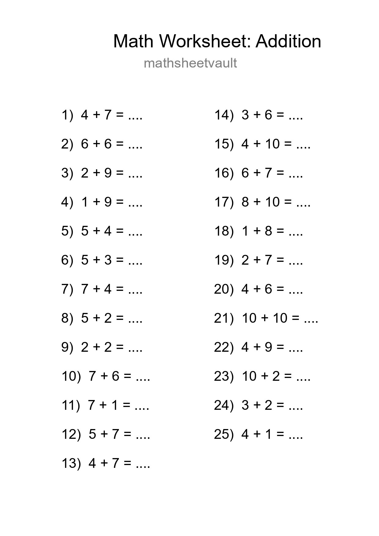 Printable Free 25 Addition Math Worksheet For Grade 1 - Part 232