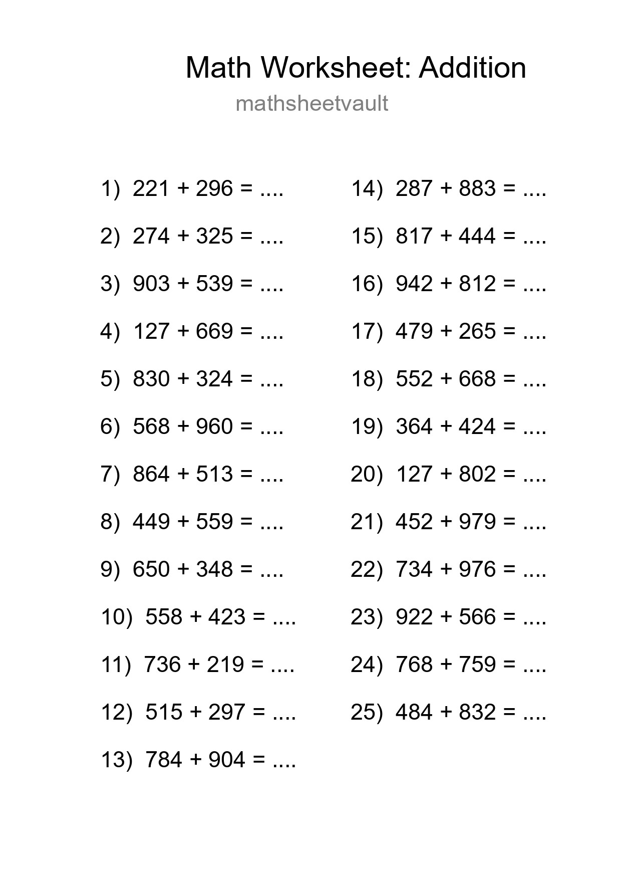 Printable Free 25 Addition Math Worksheet For Grade 5 - Part 210