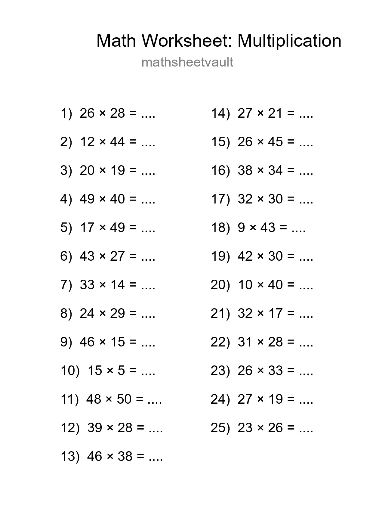 Printable Free 25 Multiplication Math Worksheet For Grade 2 - Part 172