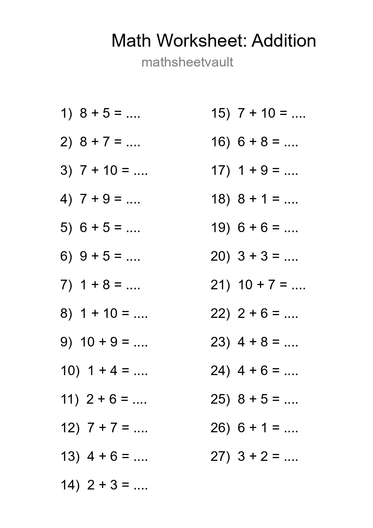 Printable Free 27 Addition Math Worksheet For Grade 1 - Part 89