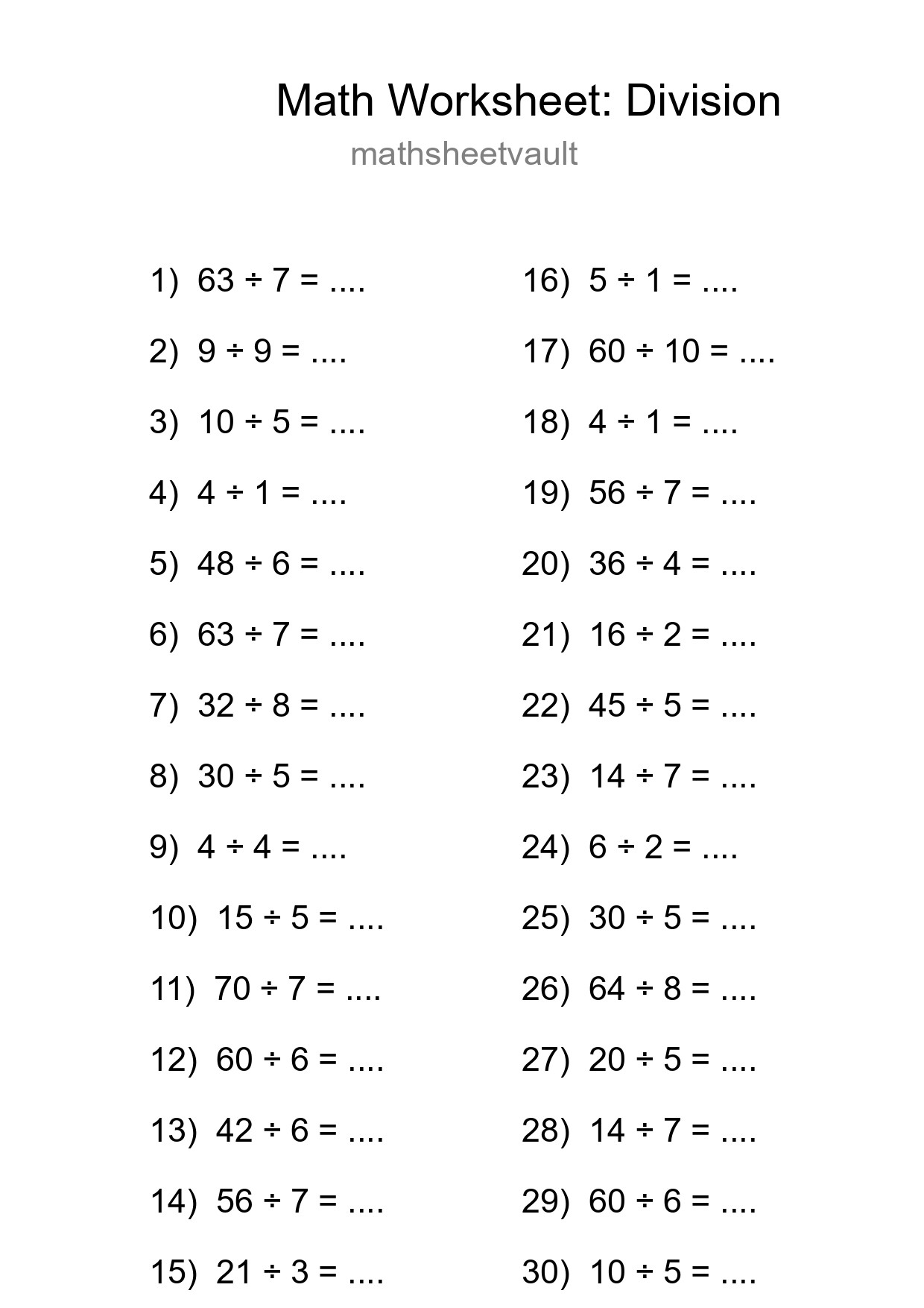 Printable Free 30 Division Math Worksheet For Grade 1 - Part 15